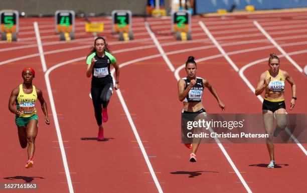 Zoe Hobbs of Team New Zealand competes in the Women's 100m Heats during day two of the World Athletics Championships Budapest 2023 at National...