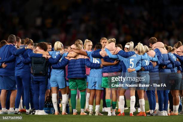 Players of England huddle following the FIFA Women's World Cup Australia & New Zealand 2023 Final match between Spain and England at Stadium...