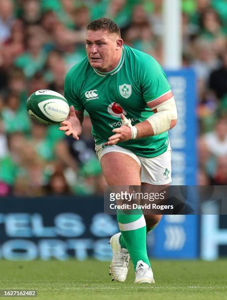 Tadhg Furlong of Ireland catches the ball during the Summer International match between Ireland and England at the Aviva Stadium on August 19, 2023...