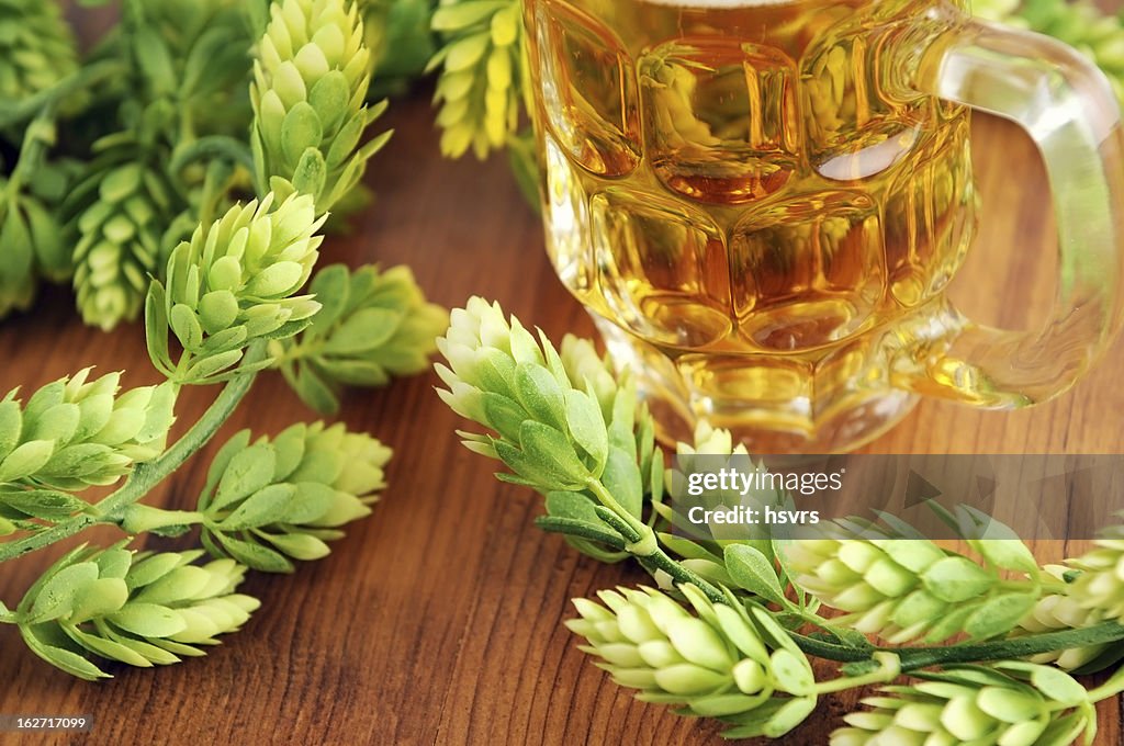 Vaso de cerveza fresca y hop típicas de san fermín