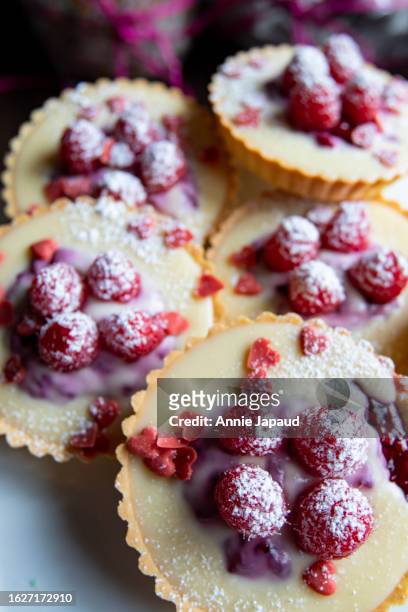 raspberry and white chocolate fruit tarts close up - sweetie pie stock pictures, royalty-free photos & images