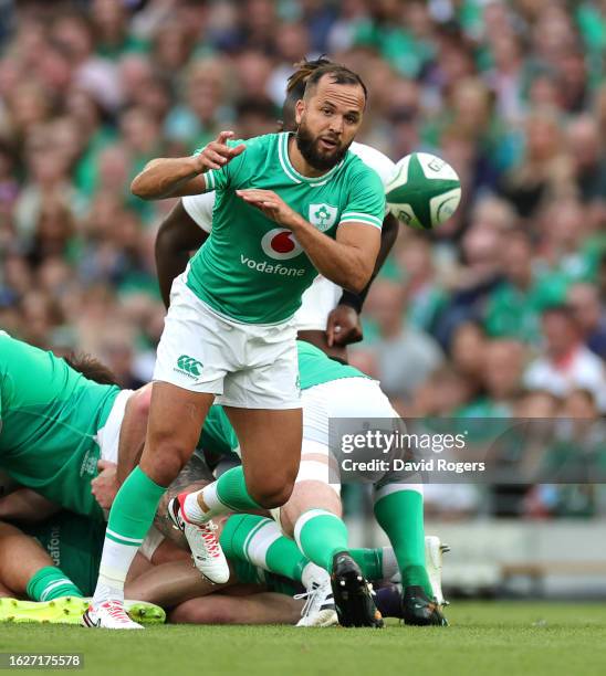 Jamison Gibson-Park of Ireland passes the ball during the Summer International match between Ireland and England at the Aviva Stadium on August 19,...