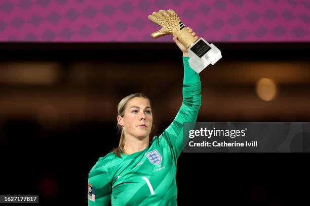 Mary Earps of England receives the Golden Glove Award following the FIFA Women's World Cup Australia & New Zealand 2023 Final match between Spain and...