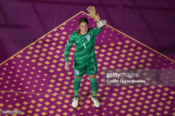Mary Earps of England receives the Golden Glove Award following the FIFA Women's World Cup Australia & New Zealand 2023 Final match between Spain and...
