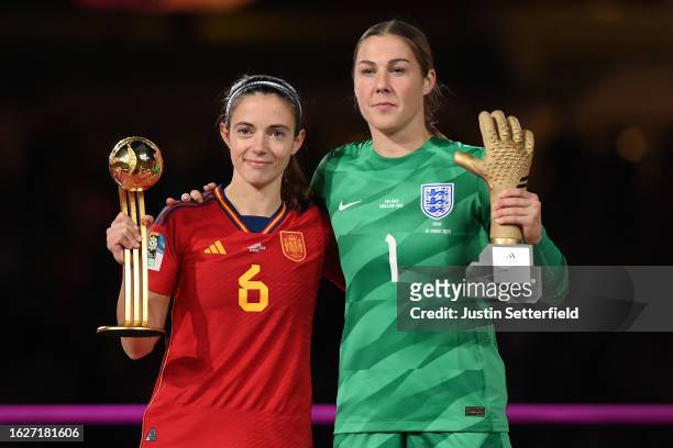 Golden Ball Award winner Aitana Bonmati of Spain and FIFA Golden Glove Award winner Mary Earps pose at the award ceremony following the FIFA Women's...