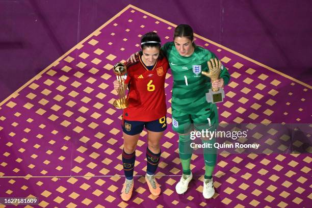 Golden Ball Award winner Aitana Bonmati of Spain and FIFA Golden Glove Award winner Mary Earps pose at the award ceremony following the FIFA Women's...