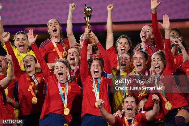 Ivana Andres of Spain lifts the FIFA Women's World Cup Trophy following victory after the FIFA Women's World Cup Australia & New Zealand 2023 Final...
