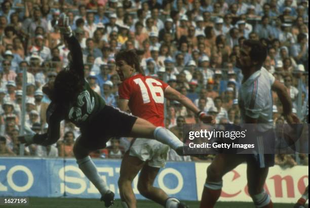 Bryan Robson of England scores a goal during the World Cup match against France in Bilbao, Spain. England won the the match 3-1. \ Mandatory Credit:...