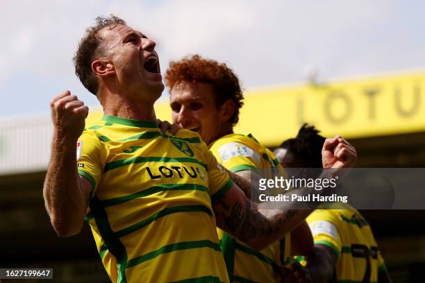 Ashley Barnes of Norwich City celebrates after scoring the team's third goal during the Sky Bet Championship match between Norwich City and Millwall...