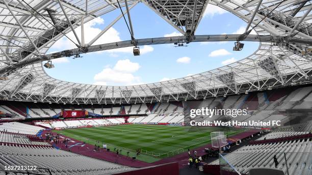 General view of the stadium interior prior to the Premier League match between West Ham United and Chelsea FC at London Stadium on August 20, 2023 in...