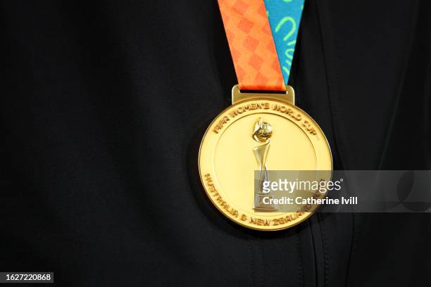 Detailed view of the winner's medal is seen on the chest of Jorge Vilda, Head Coach of Spain, after the FIFA Women's World Cup Australia & New...
