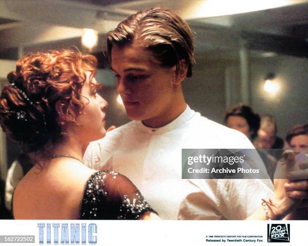 Kate Winslet and Leonardo DiCaprio dancing in a scene from the film 'Titanic', 1997.