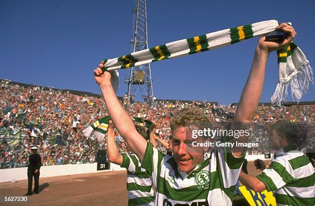 Frank McAvennie of Celtic celebrates after the Scottish Cup Final match against Dundee United at Hampden Park in Glasgow, Scotland. Celtic won the...