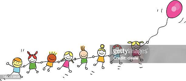 children flying with balloons cartoon illustration - child playing stock illustrations