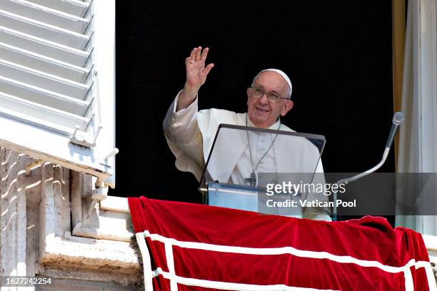 Pope Francis delivers his Sunday Angelus blessing from his studio overlooking St. Peter's Square on August 20, 2023 in Vatican City, Vatican.