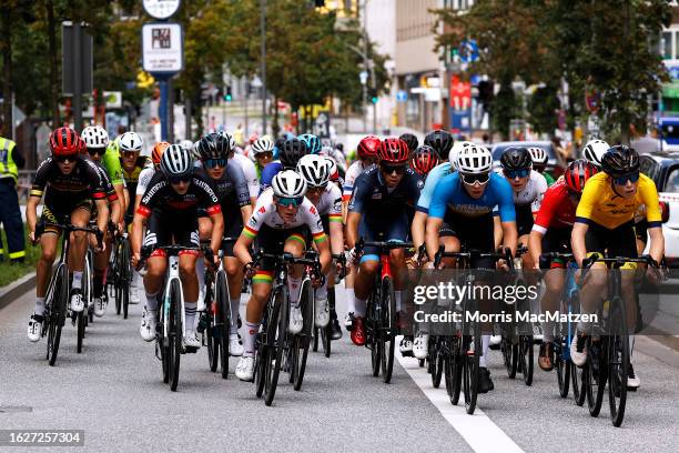 The Peloton of the BEMER YOUNGCLASSICS Youth tour during the 26th BEMER Cyclassics Hamburg 2023 a 205.6km one day race from Hamburg to Hamburg /...