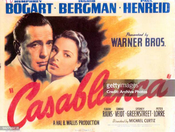 Humphrey Bogart and Ingrid Bergman in movie art for the film 'Casablanca', 1942.