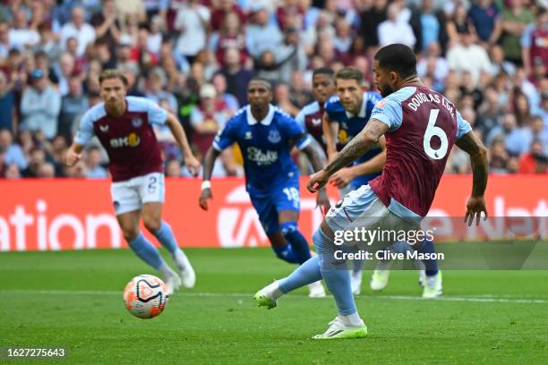 Douglas Luiz of Aston Villa scores the team's second goal from a penalty kick during the Premier League match between Aston Villa and Everton FC at...