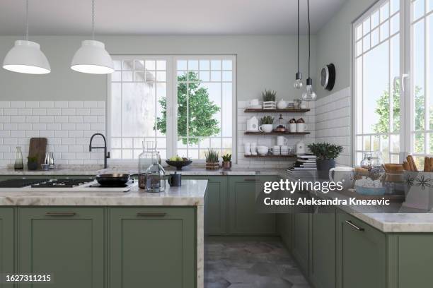 modern and bright interior pastel kitchen - white kitchen countertops stock pictures, royalty-free photos & images