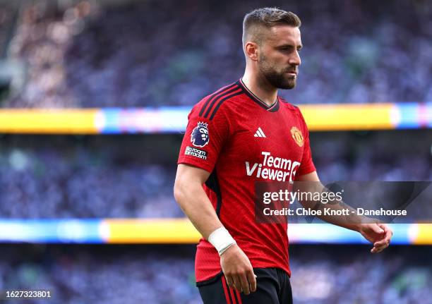 Luke Shaw of Manchester United looks on during the Premier League match between Tottenham Hotspur and Manchester United at Tottenham Hotspur Stadium...