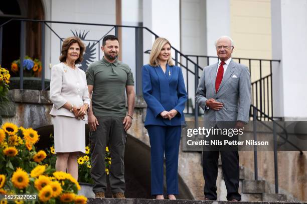 Ukrainian President Volodymyr Zelensky and his wife Olena Zelenska is welcomed to Stenhammar Palace in Flen, southwest of Stockholm by Queen Silvia...
