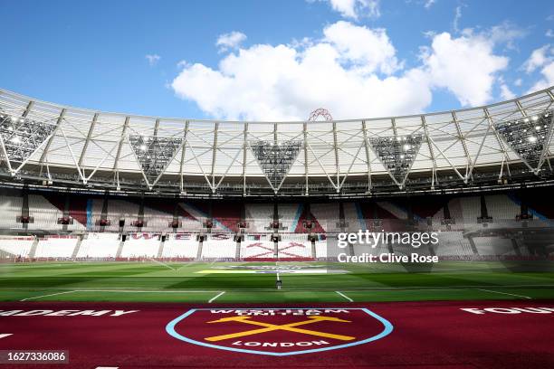 General view inside the stadium prior to the Premier League match between West Ham United and Chelsea FC at London Stadium on August 20, 2023 in...