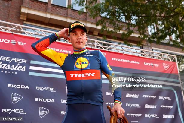 Race winner Mads Pedersen of Denmark and Team Lidl-Trek celebrates at podium during the 26th BEMER Cyclassics Hamburg 2023 a 205.6km one day race...