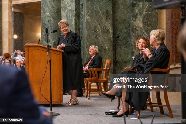 August 1: Janet Protasiewicz thanks two fellow Wisconsin State Supreme Court Justices while giving remarks at her swearing in ceremony at the...