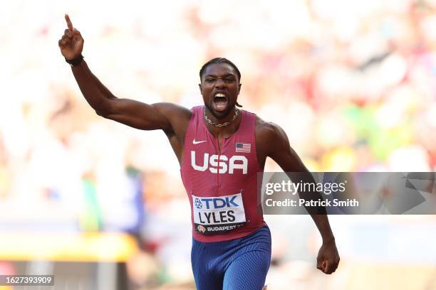 Noah Lyles of Team United States reacts as he crosses the finish line in the Men's 100m Semi Final during day two of the World Athletics...