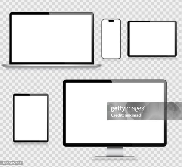 realistic vector mockup digital tablet, mobile phone, smart phone, computer monitor and laptop. modern digital devices. transparent background. eps 10. - laptop and iphone mockup stock illustrations