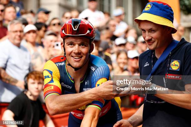 Mads Pedersen of Denmark and Team Lidl-Trek celebrates at finish line as race winner during the 26th BEMER Cyclassics Hamburg 2023 a 205.6km one day...