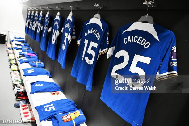 The shirt of Moises Caicedo is displayed inside the Chelsea dressing room prior to the Premier League match between West Ham United and Chelsea FC at...