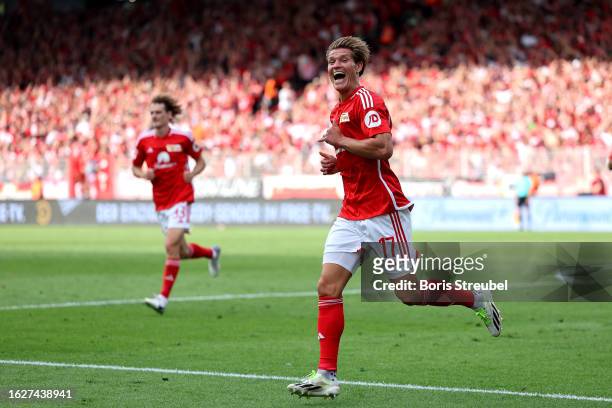 Kevin Behrens of 1. FC Union Berlin celebrates after scoring the team's third goal during the Bundesliga match between 1. FC Union Berlin and 1. FSV...