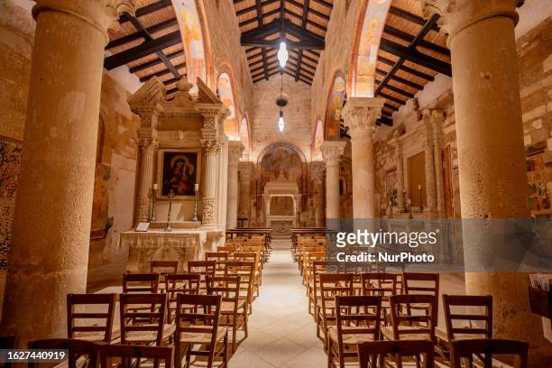 Interior view of the Santa Maria di Cerrate Abbey enveloped in fog, located in Cerrate, Italy, taken on August 25, 2023. The abbey is one of the most...