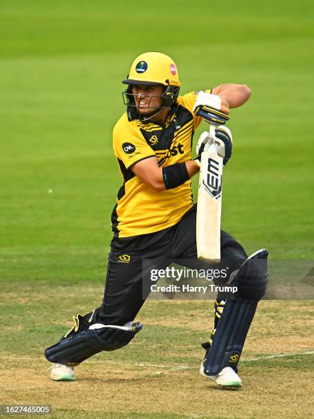 Kiran Carlson of Glamorgan plays a shot during the Metro Bank One Day Cup match between Somerset and Glamorgan at The Cooper Associates County Ground...