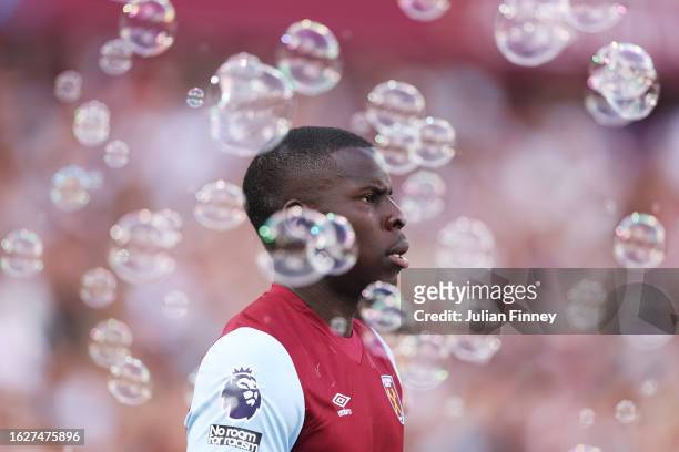 Kurt Zouma of West Ham United looks on prior to the Premier League match between West Ham United and Chelsea FC at London Stadium on August 20, 2023...