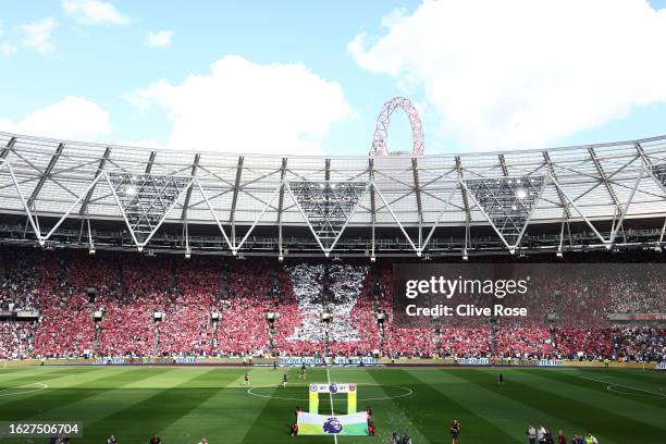 General view inside the stadium prior to the Premier League match between West Ham United and Chelsea FC at London Stadium on August 20, 2023 in...