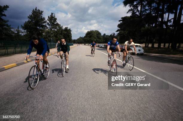 The Bike. France- août 1974- le cyclisme: cyclistes pédalant sur une route, aux abords d'un parc; plan de face.