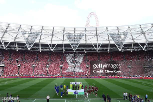 General view inside the stadium as players of Chelsea and West Ham United enter the pitch prior to the Premier League match between West Ham United...