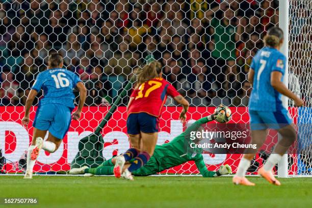 Mary Earps of England saves during the FIFA Women's World Cup Australia & New Zealand 2023 Final match between Spain and England at Stadium Australia...