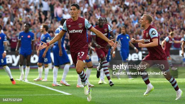 Nayef Aguerd of West Ham United celebrates scoring during the Premier League match between West Ham United and Chelsea FC at London Stadium on August...