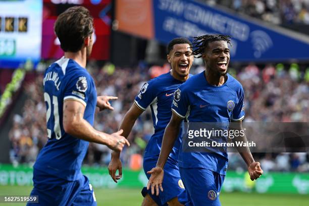 Carney Chukwuemeka of Chelsea celebrates after scoring the team's first goal during the Premier League match between West Ham United and Chelsea FC...
