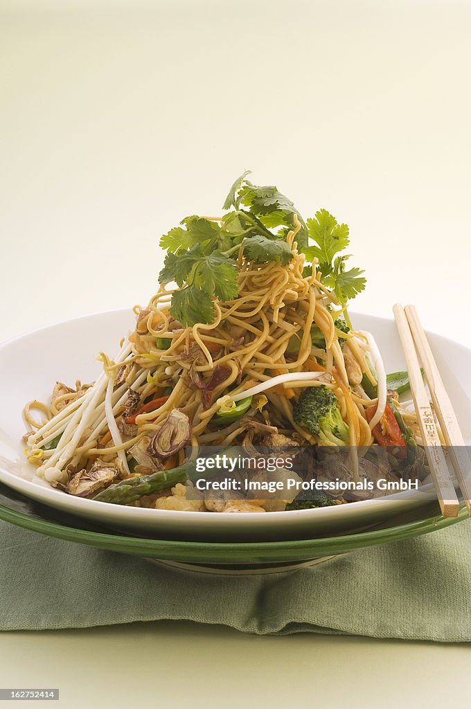 Stir-fried noodles with chicken and vegetables