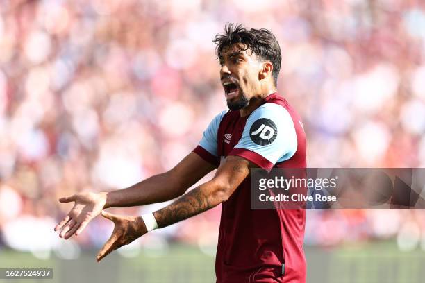 Lucas Paqueta of West Ham United reacts during the Premier League match between West Ham United and Chelsea FC at London Stadium on August 20, 2023...