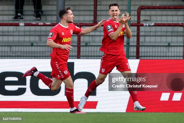 Konrad Faber of Regensburg celebrates the second goal during the 3. Liga match between SC Verl and Jahn Regensburg at Sportclub Arena on August 20,...