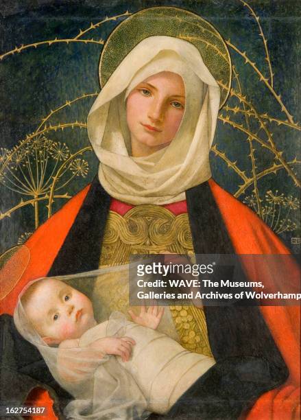 Oil painting showing the Virgin Mary with her child in her arms, She is wearing a white headpiece, a rich orange cloak and has a gold halo,...