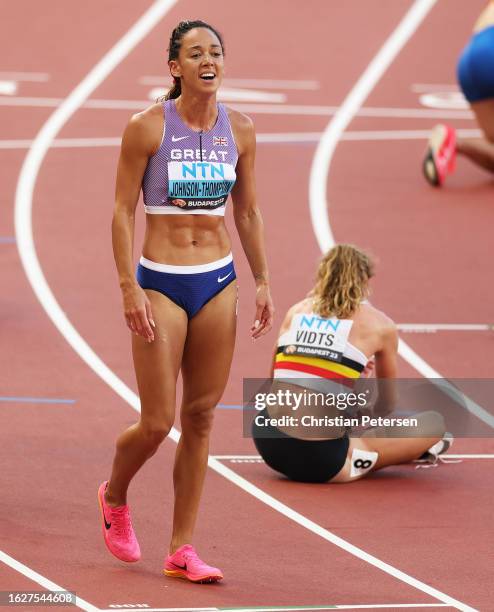 Katarina Johnson-Thompson of Team Great Britain celebrates after winning gold in the Women's 800m Heptathlon final during day two of the World...