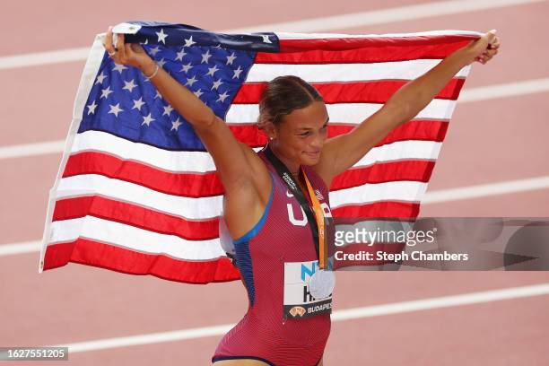 Anna Hall of Team United States reacts after finishing second in the Women's 800m Heptathlon final during day two of the World Athletics...