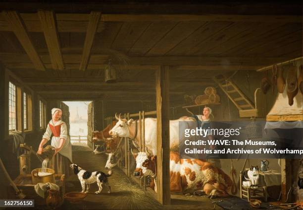 Oil painting of two women milking cows in a barn, In the centre stands a white cow, the figure of a woman peering out behind it, On the left stands...