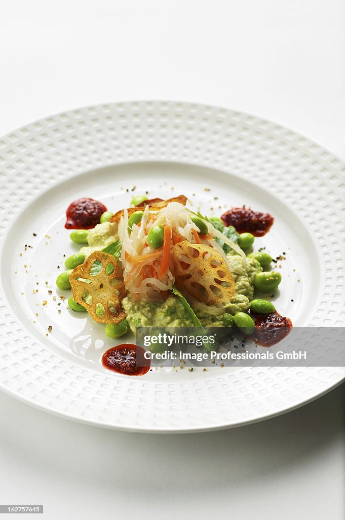 Soya bean salad with vegetables, lotus root and chilli sauce